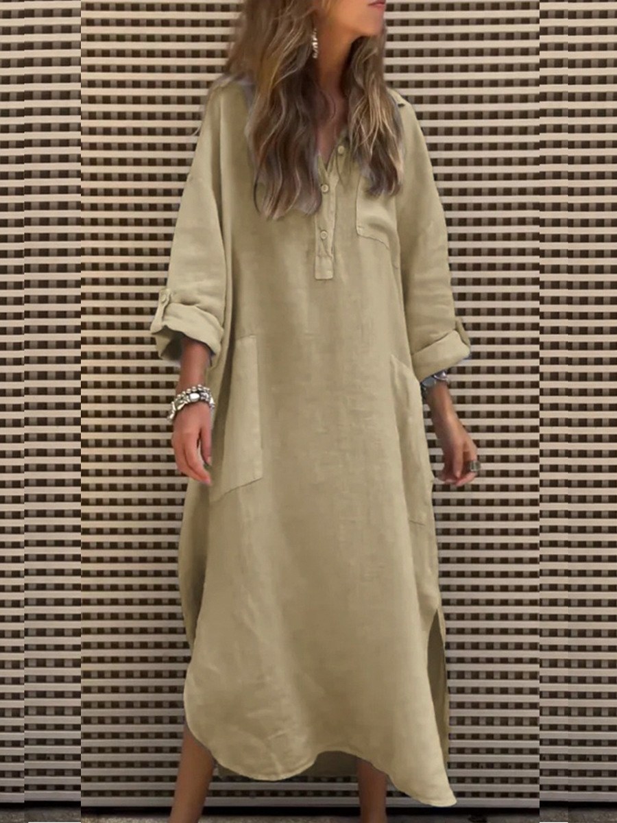 Abito da donna in cotone e lino con scollo a V e maniche lunghe