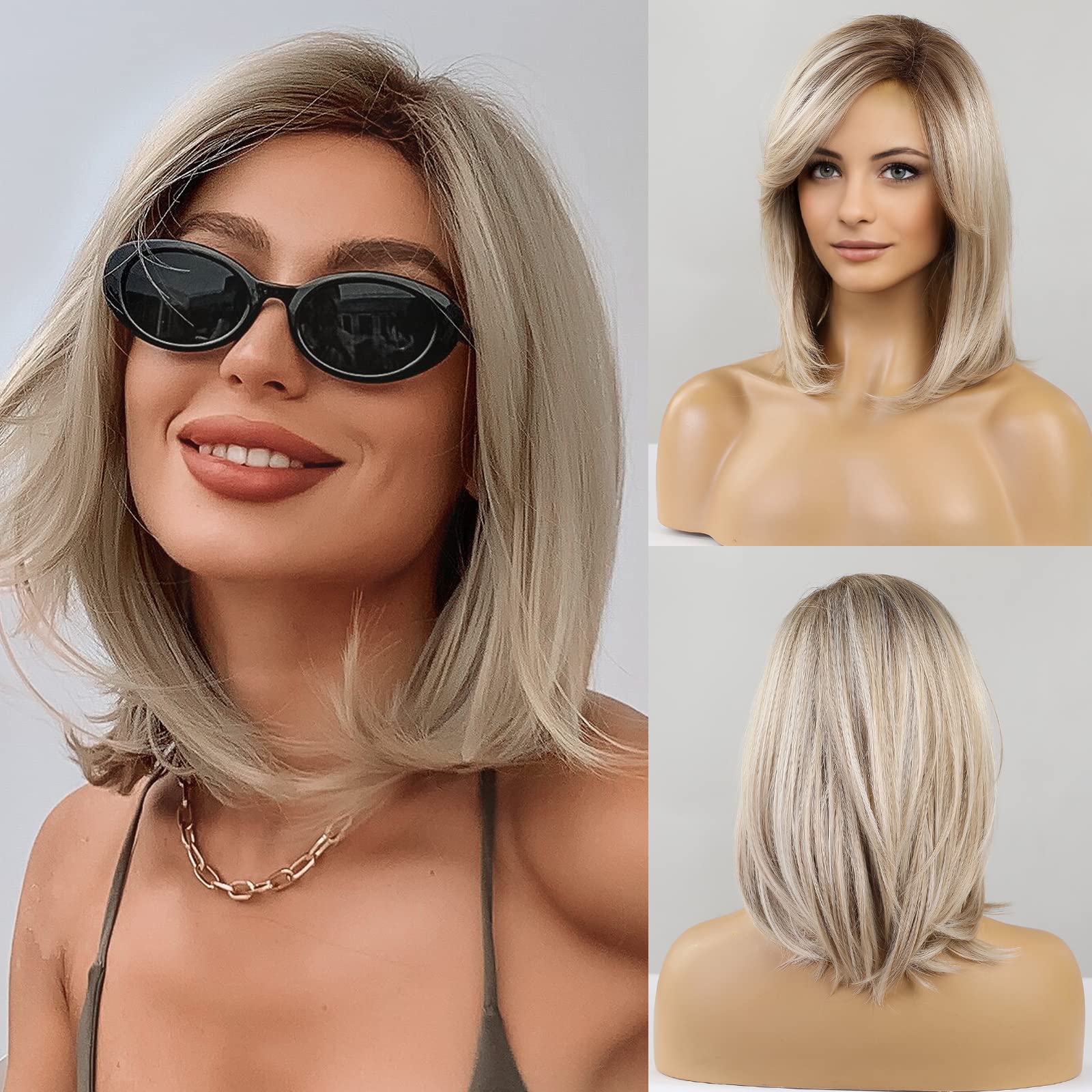Silver gray side-parted bangs medium length straight hair