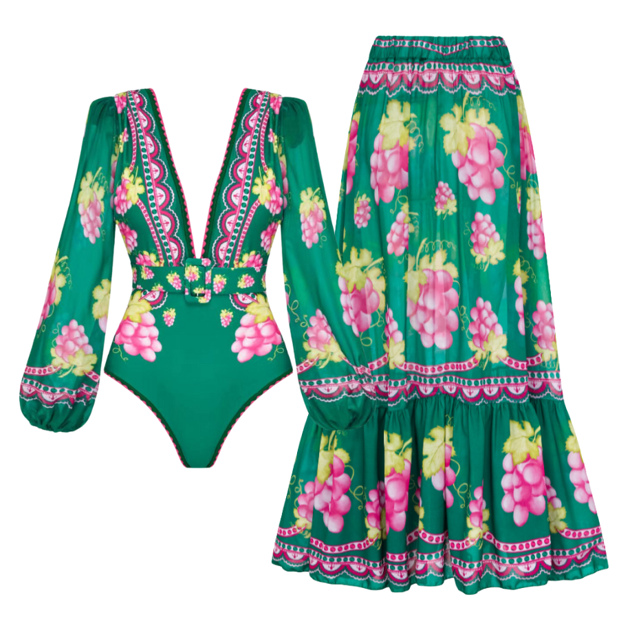 🌼 Long-sleeved Retro Green Grapes Print One Piece Swimsuit and Skirt 😍