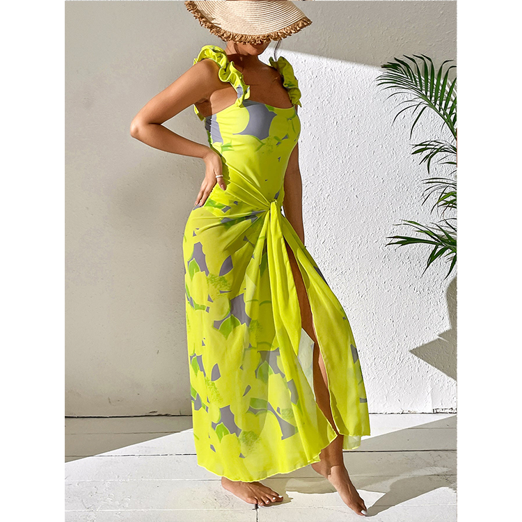 Ruffled Strap Lemon Print One Piece Swimsuit and Sarong 💕