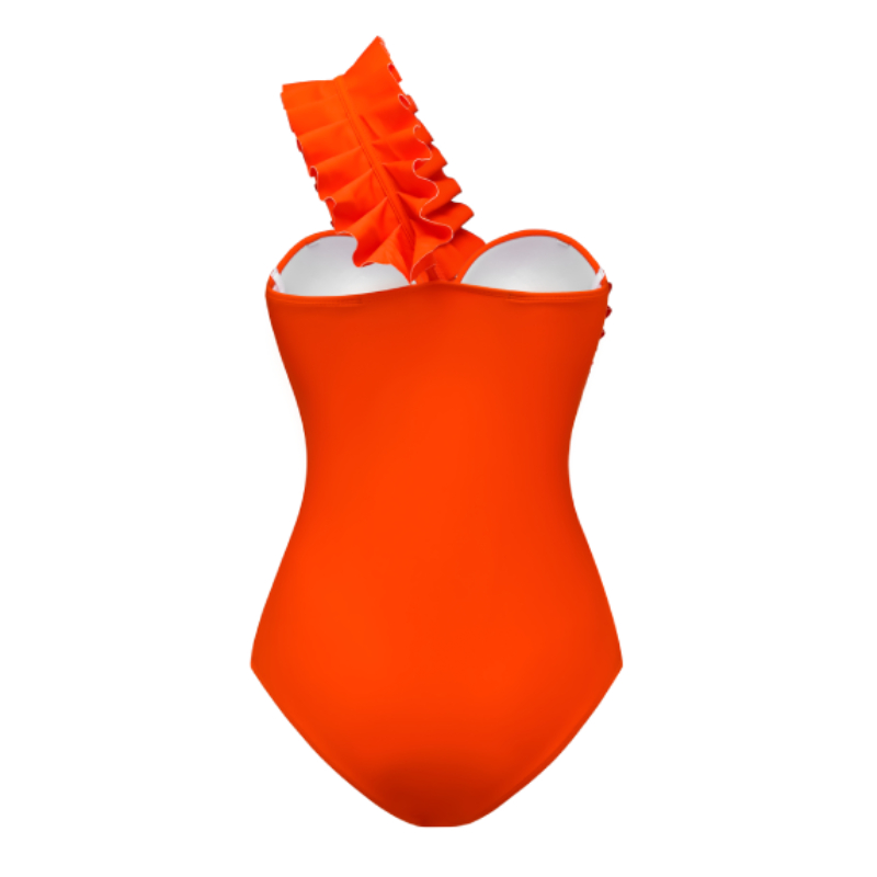 🎀One Shoulder Ruffle One Piece Orange Swimsuit and Sarong💖