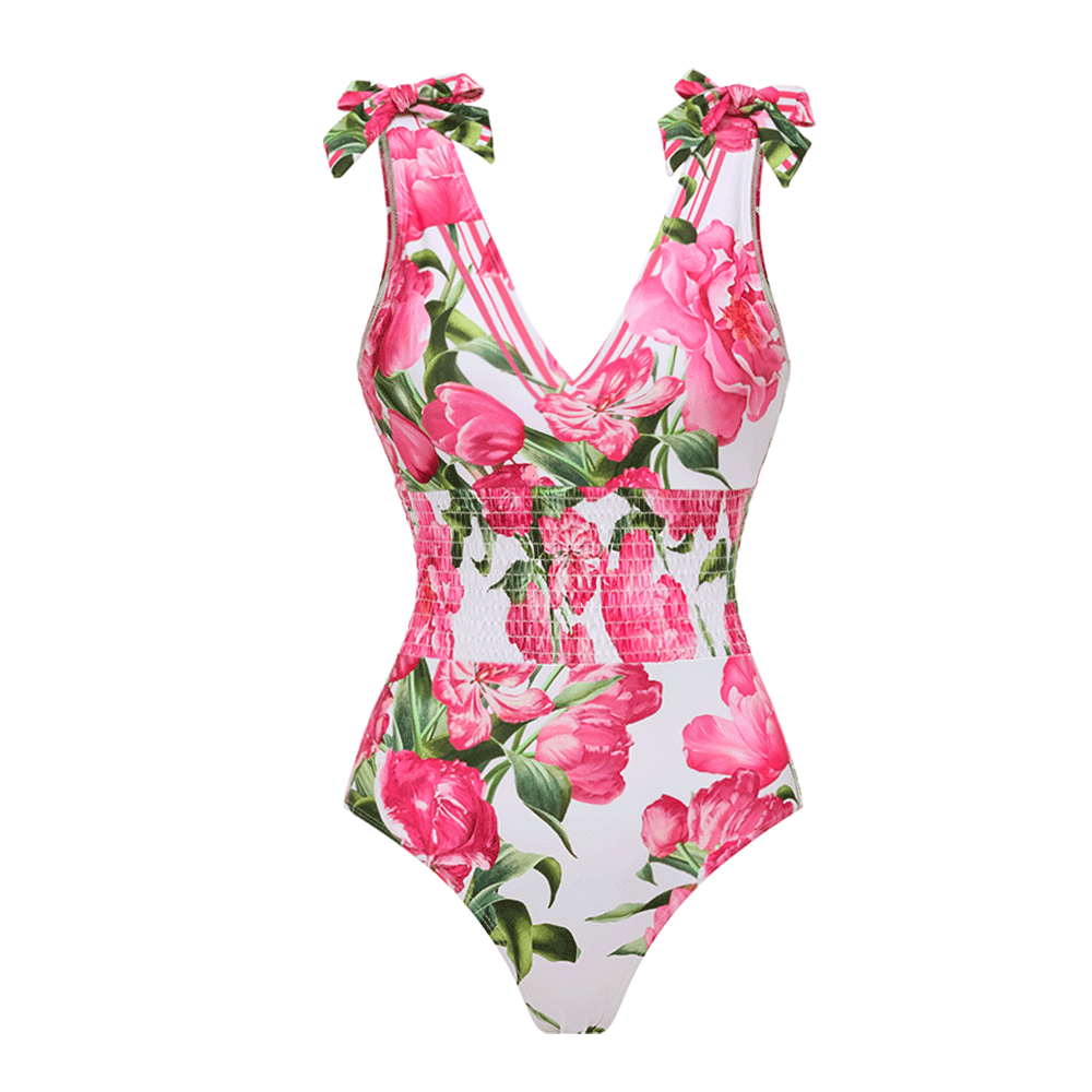 🌼 Tie Shoulder Shirring Flower Print One Piece Swimsuit and Skirt 👙