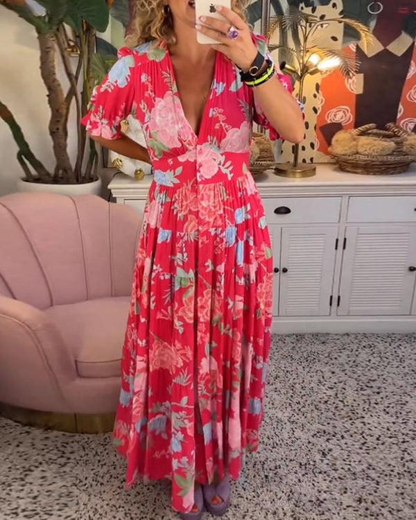Fresh V-neck floral dress Vibrant Floral Dress