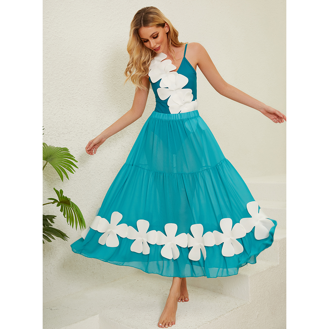 3D Flower Backless One Piece Swimsuit and Skirt