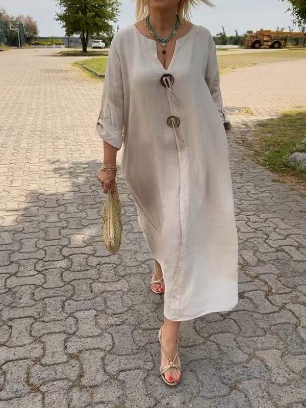 Vestido casual de algodão e linho com decote em V
