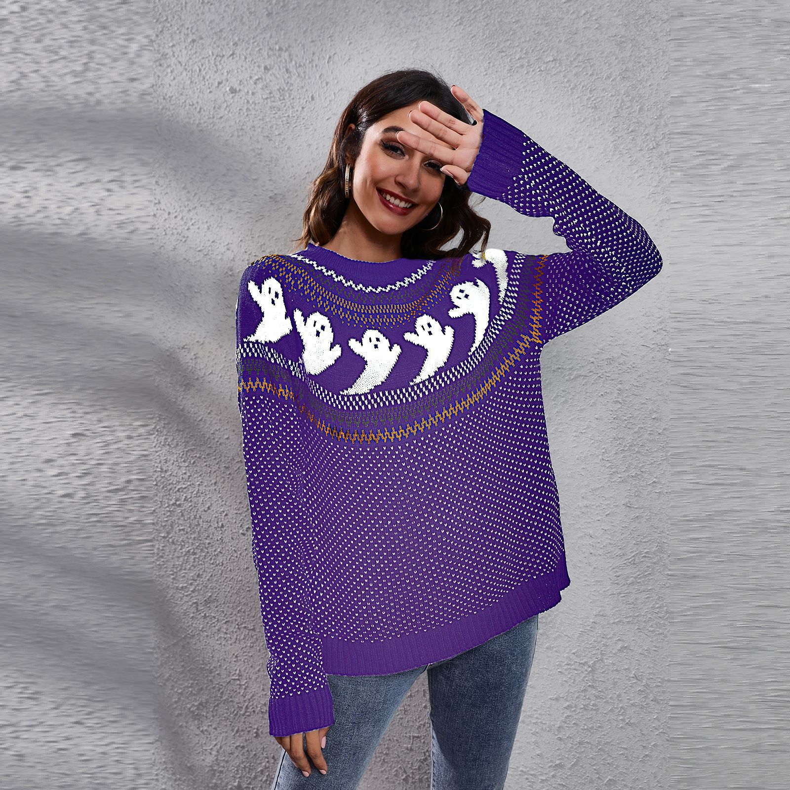 Maglione lavorato a maglia a maniche lunghe a pois retrò fantasma di Halloween