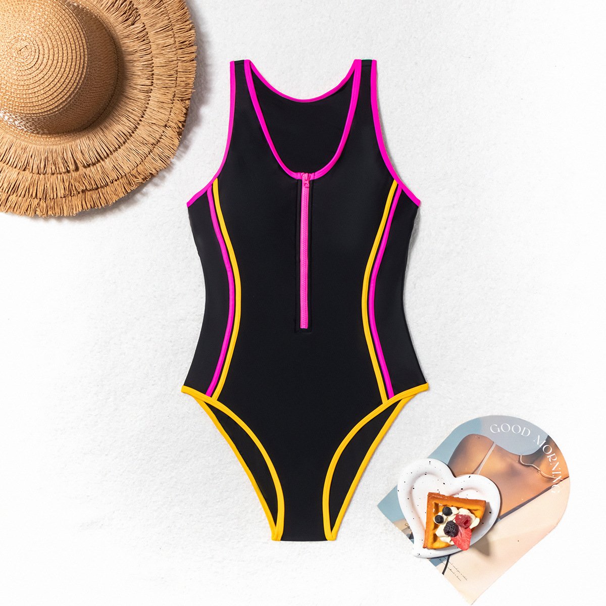 2025 New Black color-blocked zip-up swimsuit