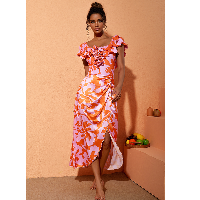 2025 New Off Shoulder Ruffled Printed One Piece Swimsuit and Skirt