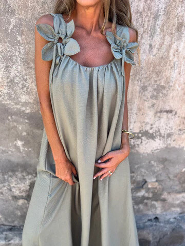 💕Vestido feminino de cor sólida com estampa floral e decote em U