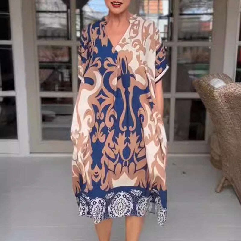 Vestido midi solto estampado gola alta