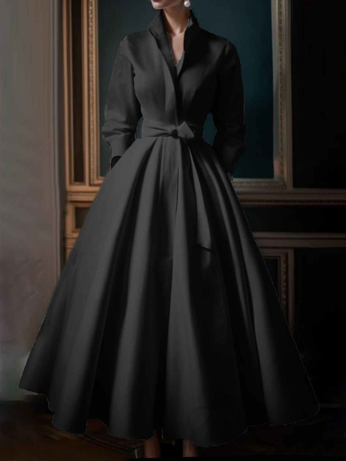 Casual Solid Color Stand Collar Shirt Midi Dress [Pre-Order]