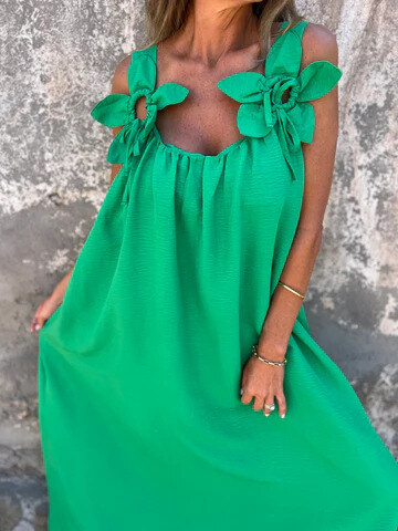 💕Vestido feminino de cor sólida com estampa floral e decote em U