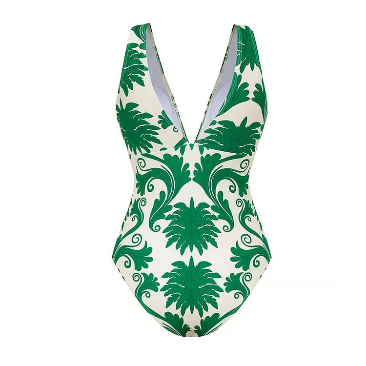 V Neck Print Two Piece Swimsuit Set - Green