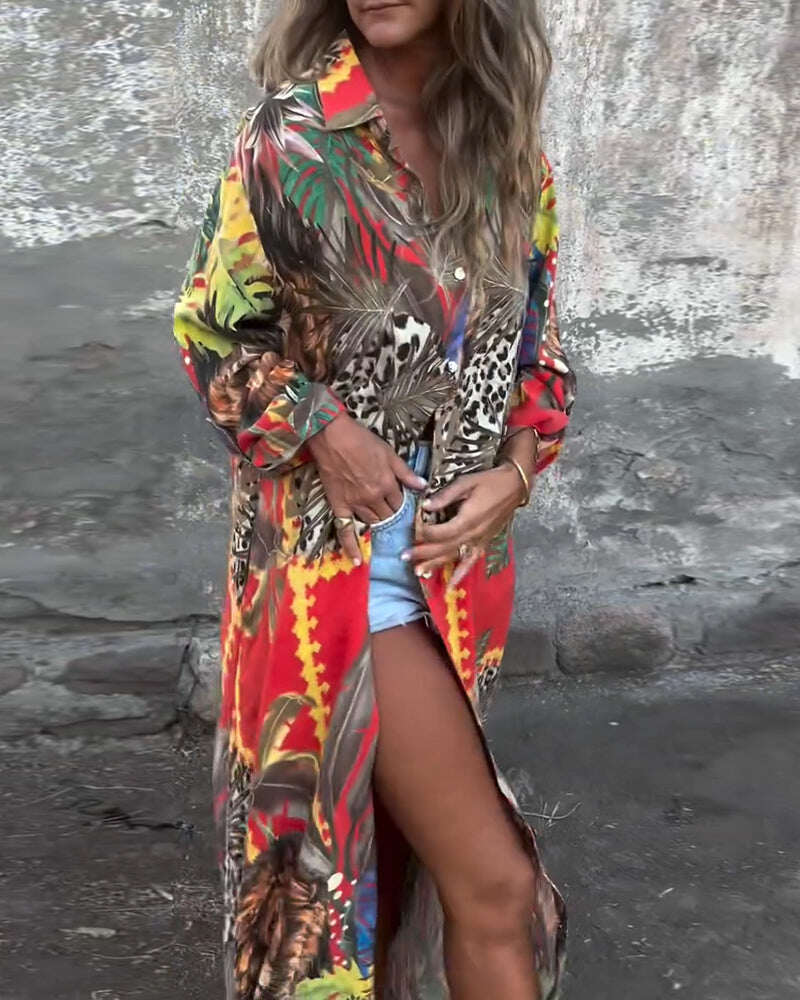 Vestidos camisa fashion estampados com botões