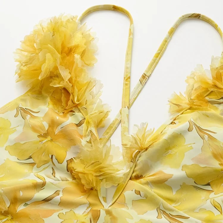 💖 Appliques Yellow Lily Floral Print One Piece Swimsuit Set