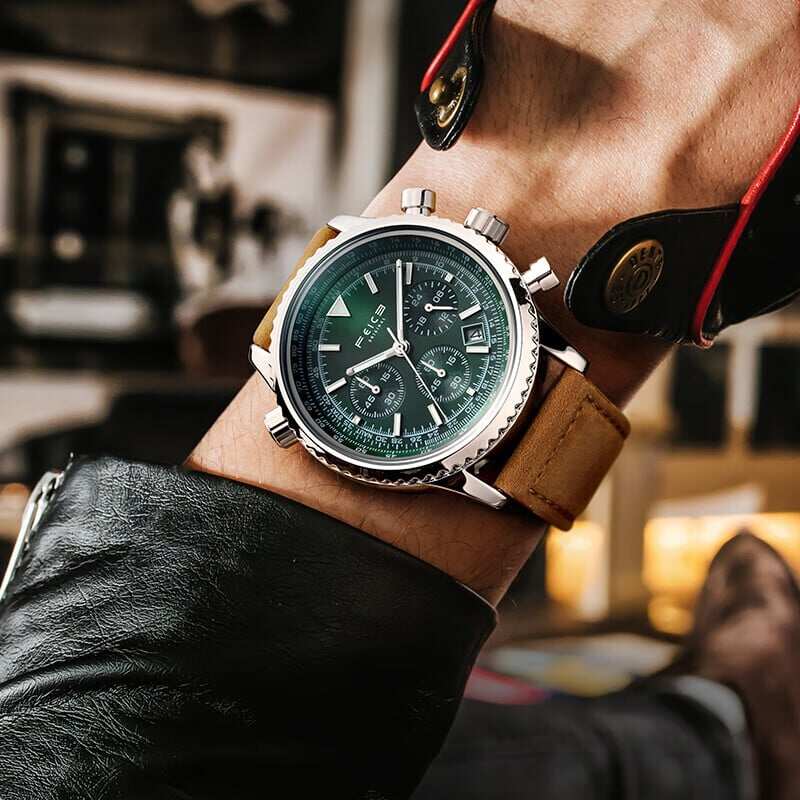 FEICE FK812 Мъжки часовници Многофункционални ръчно сглобени винтидж зелени часовници за мъже