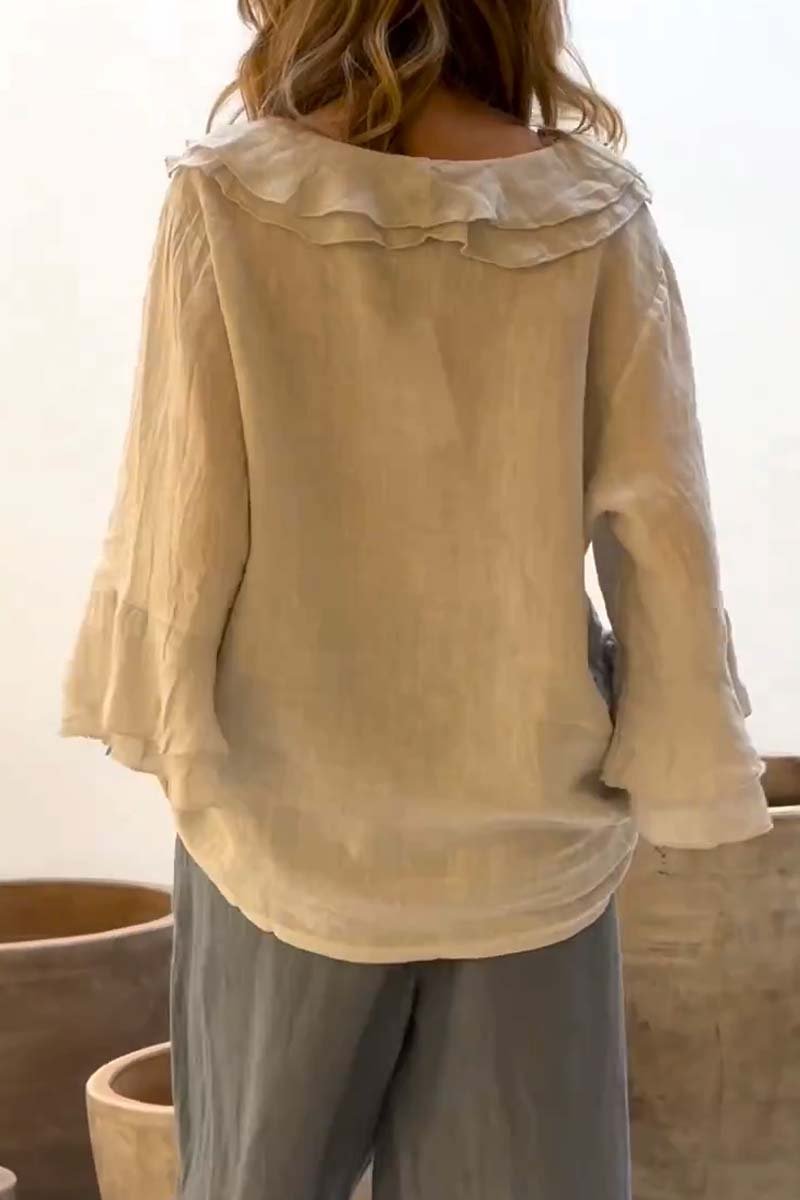 Top casual da donna in cotone e lino con colletto a balze