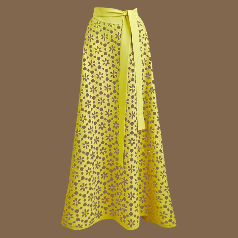 Yellow Color Laser Cutting Flower Hollow One Piece Swimsuit and Skirt