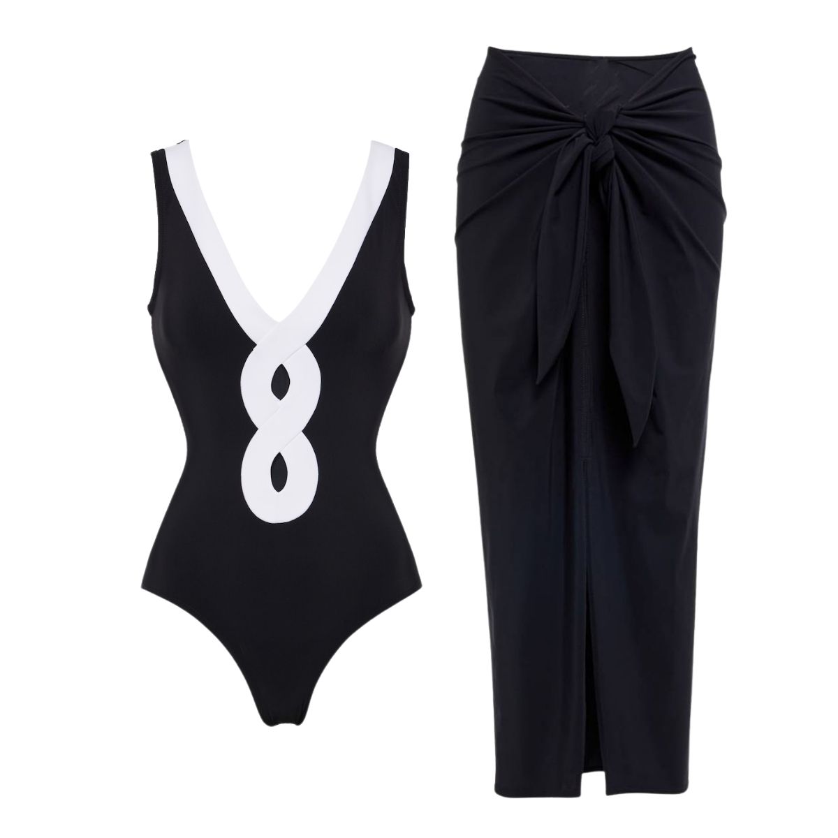 Cutout V Neck Color Block One Piece Swimsuit And Sarong