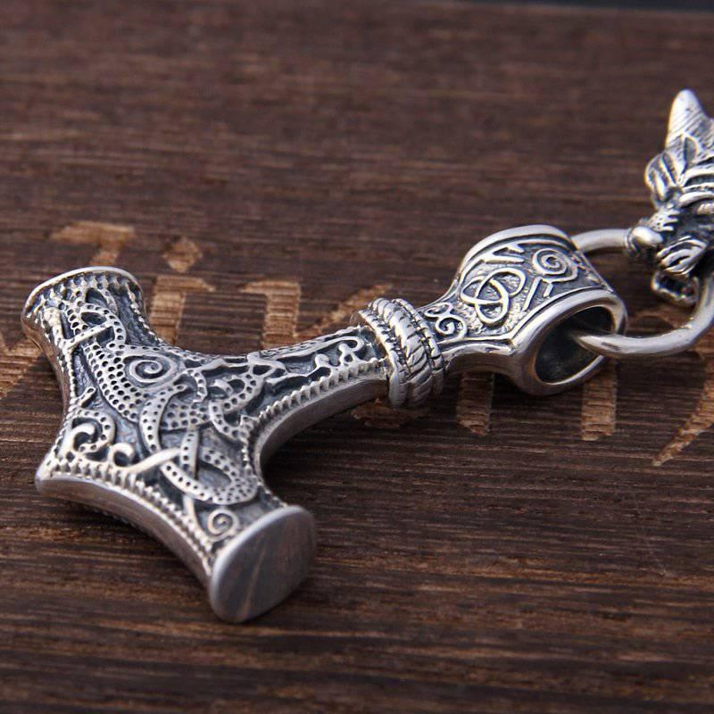 Колие Wolf and Mjölnir - стерлингово сребро