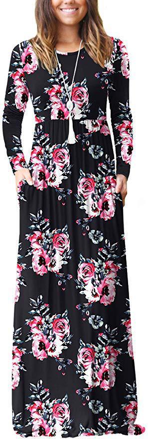 Amazon WISH hit 2023 autumn new element printed round neck pocket long sleeve dress waist long skirt
