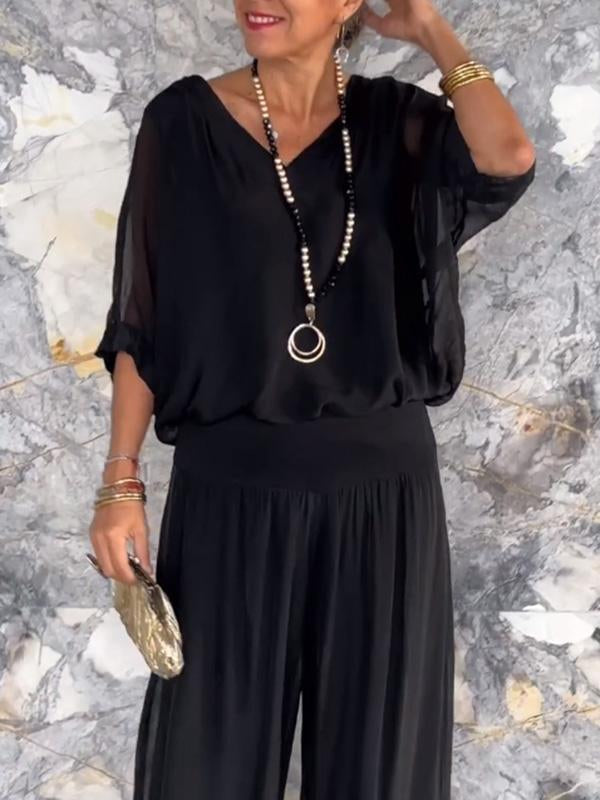 Conjunto elegante de duas peças com calças largas de chiffon