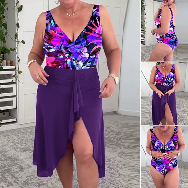 Retro print swimsuit with patchwork tulle hem