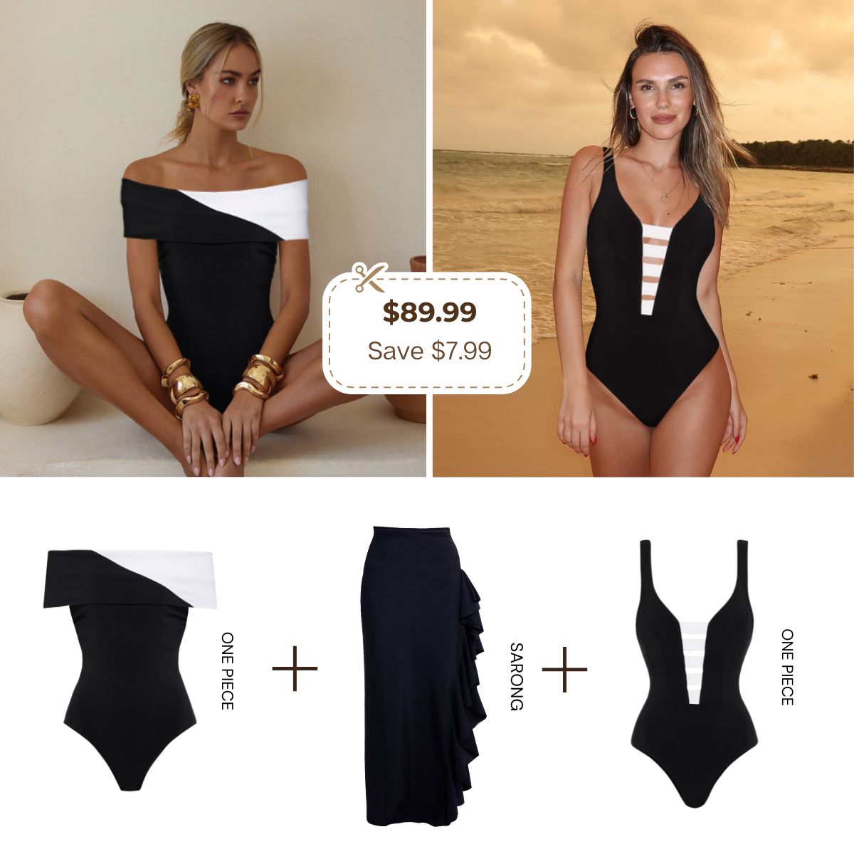 Off Shoulder Color Block One Piece Swimsuit and Skirt