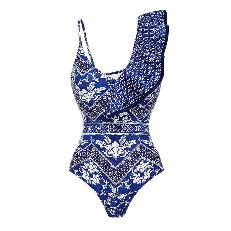 🔥 Summer Glam - V Neck Ruffled Blue Print One Piece Swimsuit Set
