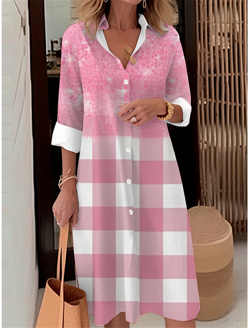Abito elegante ampio stampato in stile casual scozzese tinta unita