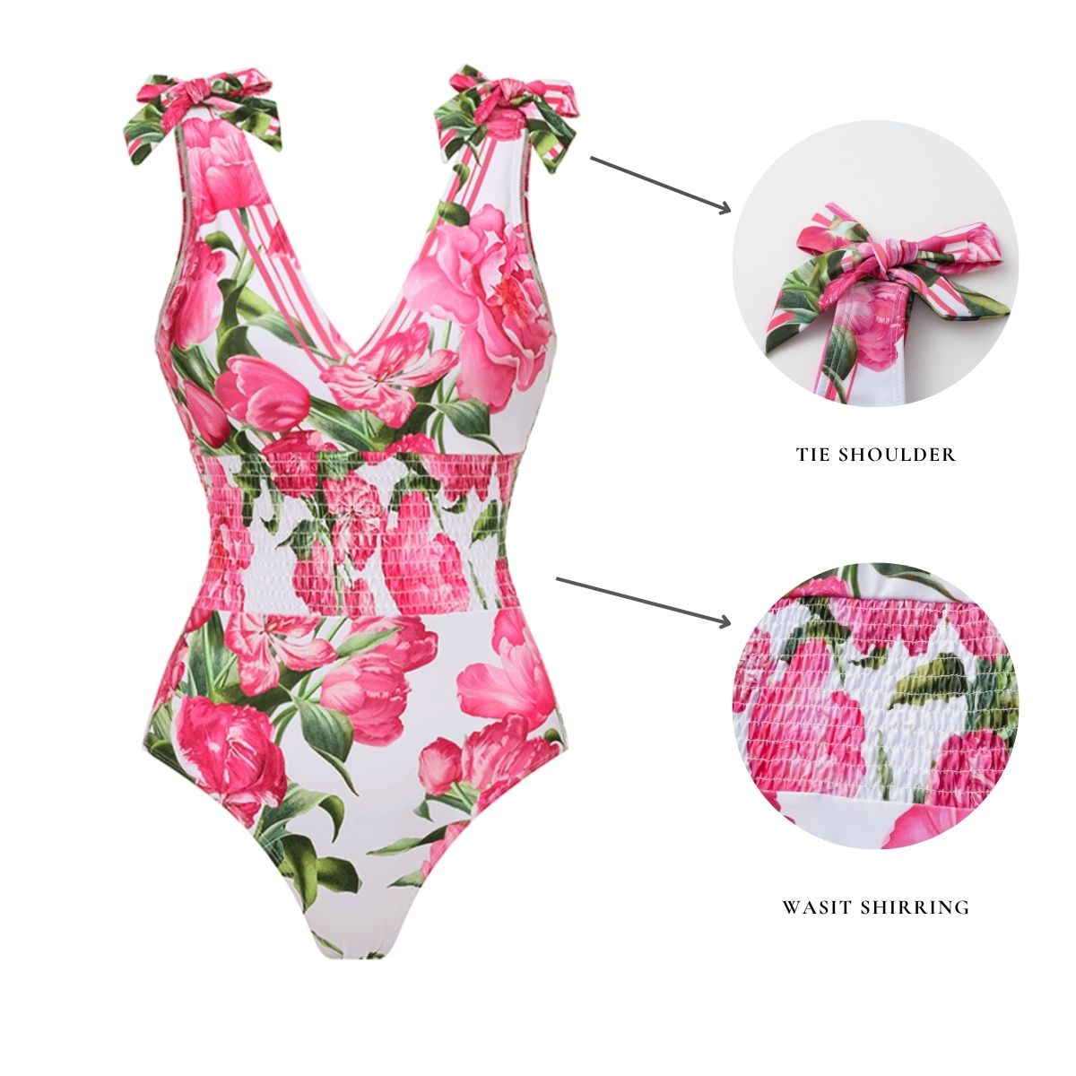 🌼 Tie Shoulder Shirring Flower Print One Piece Swimsuit and Skirt 👙