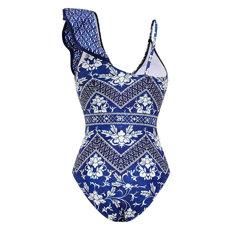 🔥 Summer Glam - V Neck Ruffled Blue Print One Piece Swimsuit Set