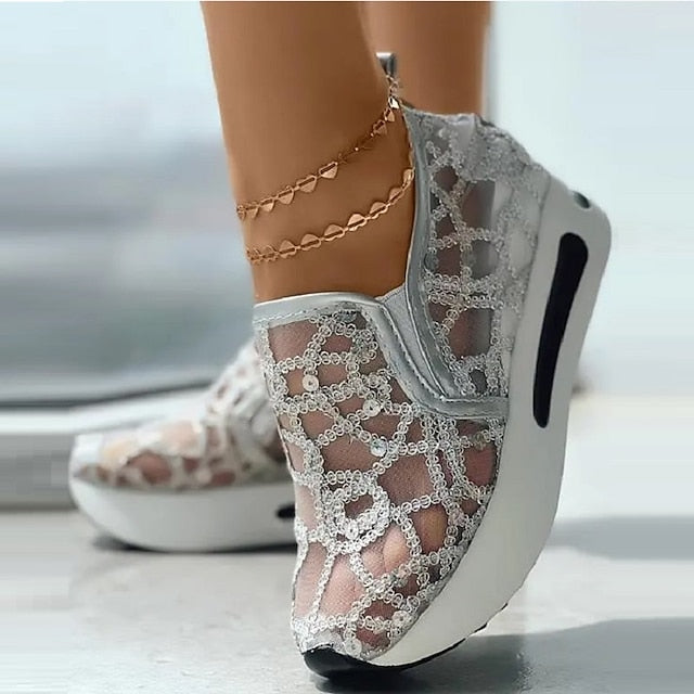Sapatos de senhora slip-on moda casual verão com lantejoulas