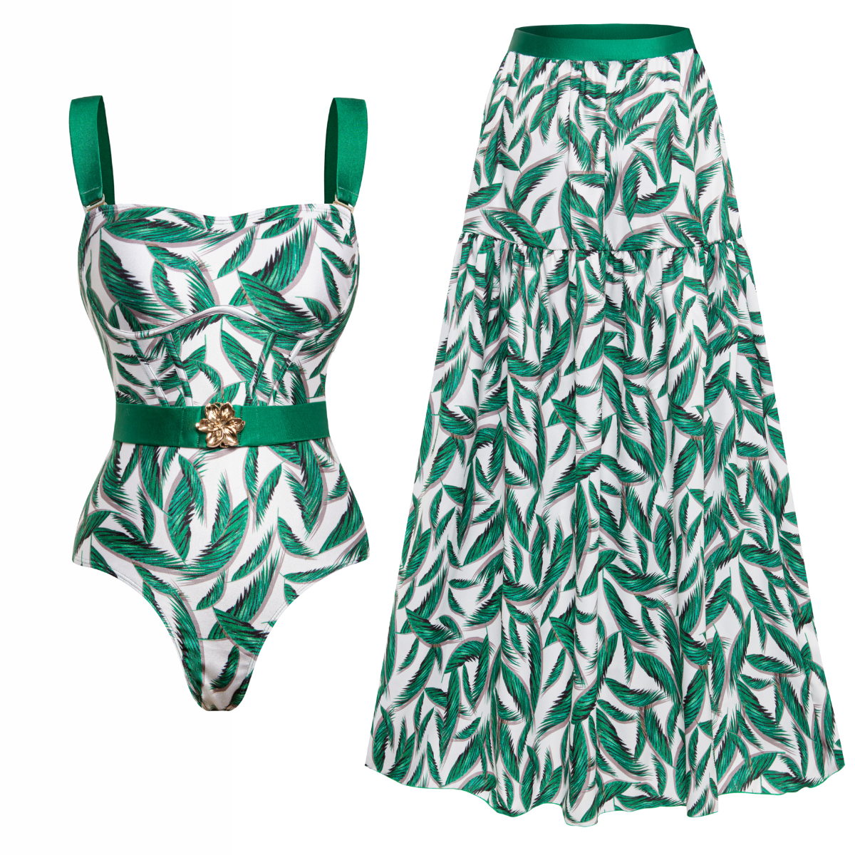 2025 New Green Leaf print One Piece Swimsuit and Skirt