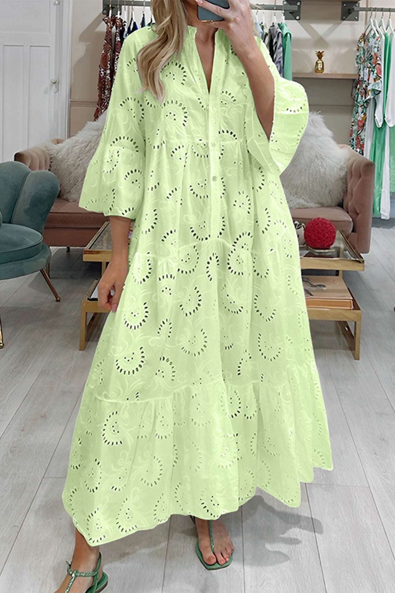 V Neck Flares Sleeve Embroidery Cotton Dress