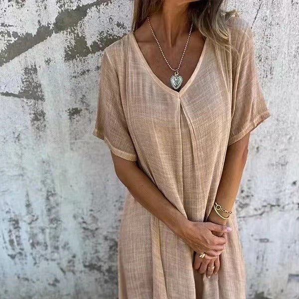 🎁Vestido de algodão e linho com gola pontuda