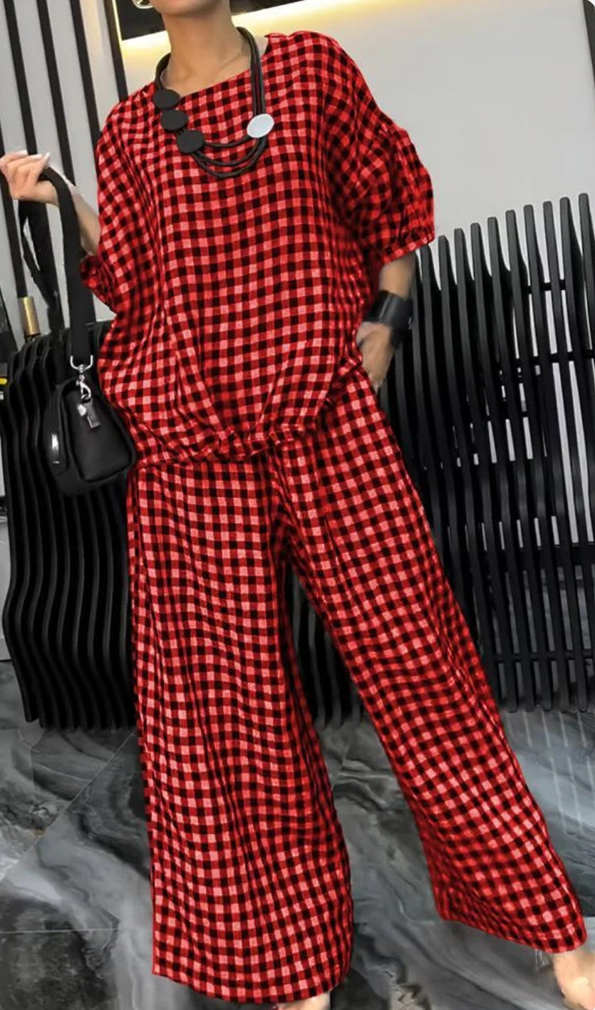 2024 Tailleur pantalone scozzese a gamba larga con coulisse sul retro