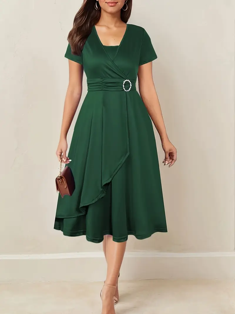 Vestido de verão feminino elegante com decote em V, cor sólida