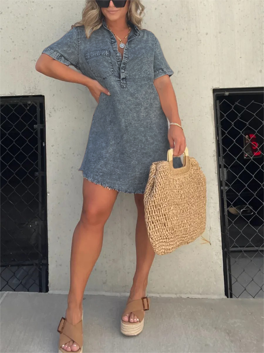 Novo vestido camisa lavado feminino (frete grátis no 2º item)