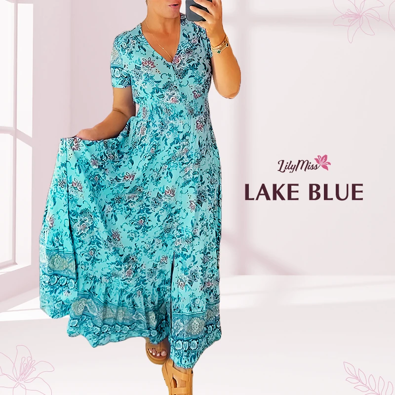 LilyMiss – Vestido maxi floral casual estampado com decote em V e cintura plissada