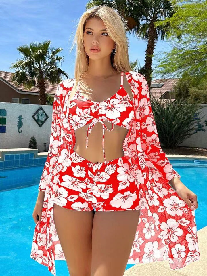 Set tre pezzi da donna con costume da bagno bikini stampato 2024