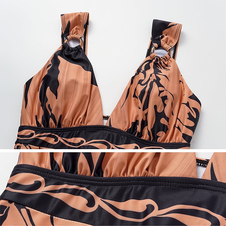 2025 New V Neck Shadow of Trees Printed One Piece Swimsuit Set