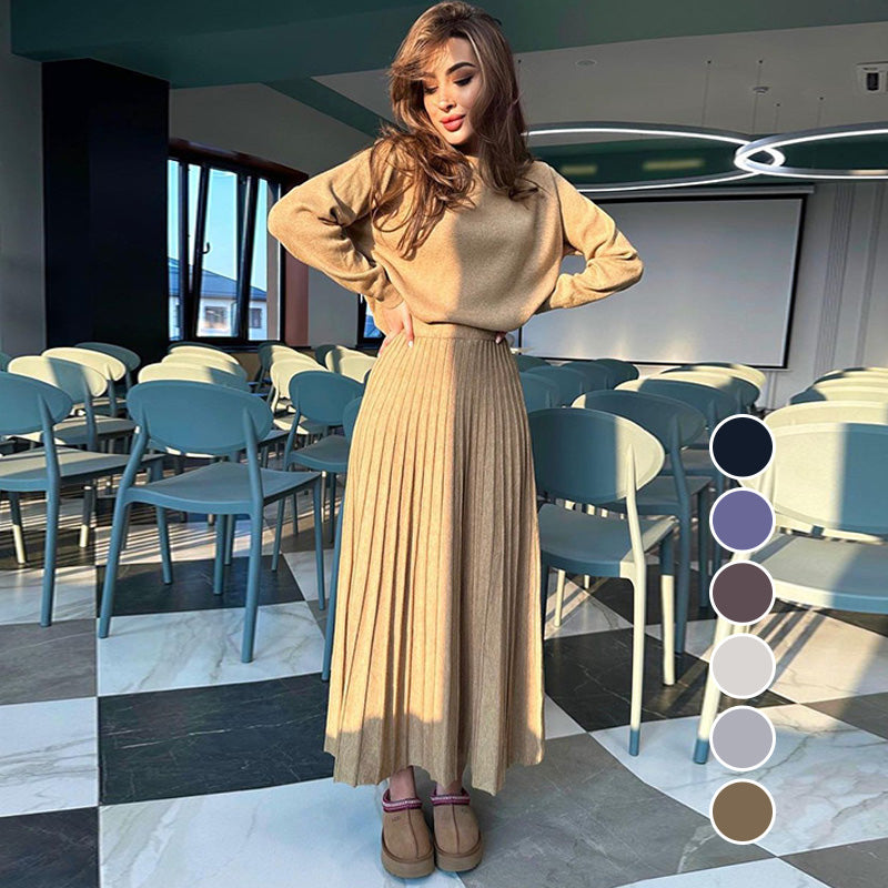 🔥Promoção com 50% de desconto 🔥Conjunto de duas peças feminino com gola redonda e saia plissada