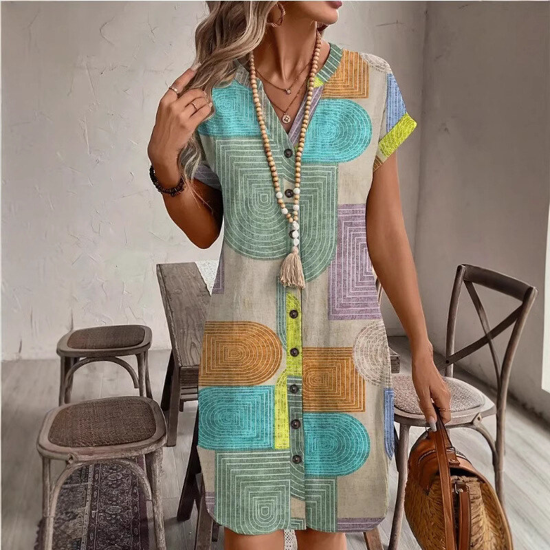 Vestido elegante com decote em V e mangas abotoadas