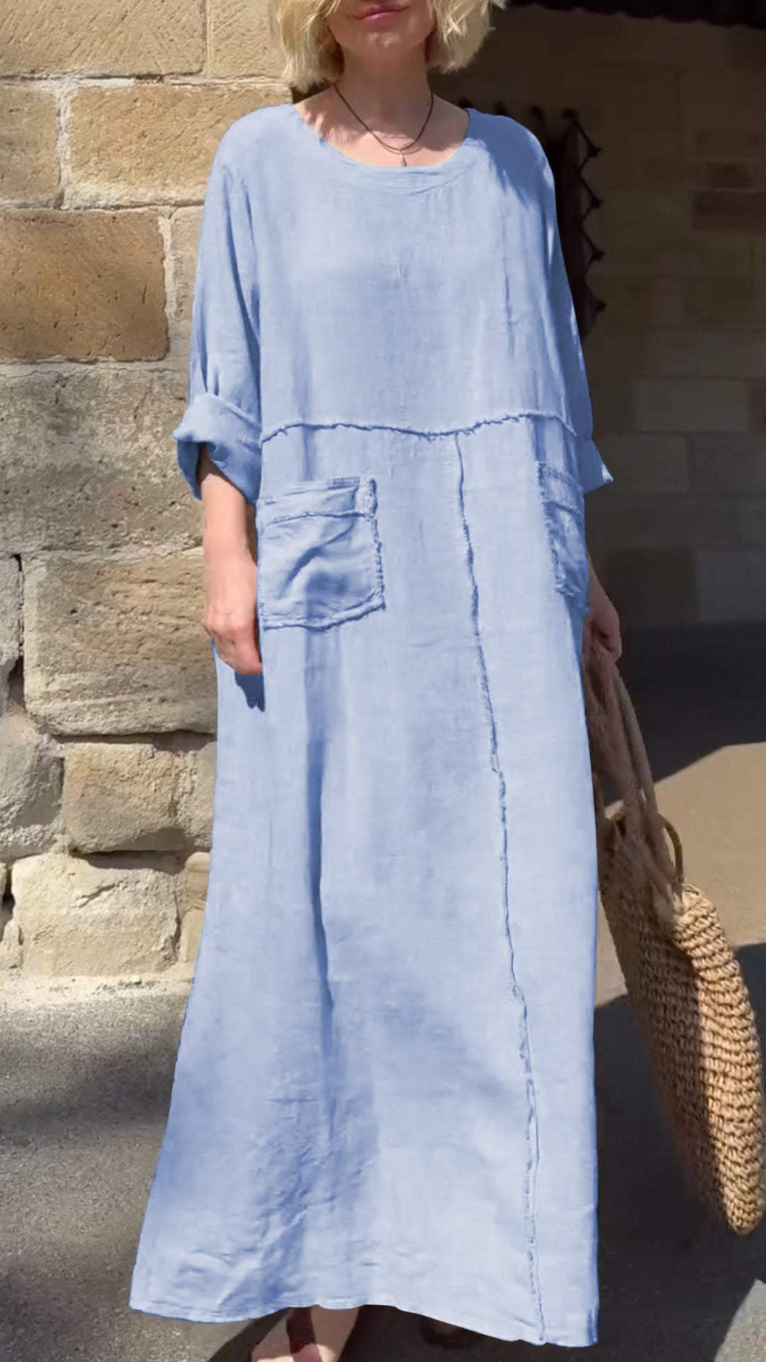 Vestido casual manga comprida algodão e linho gola redonda