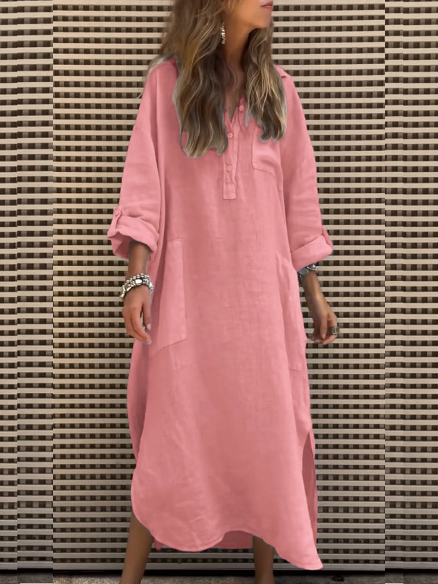 Abito da donna in cotone e lino con scollo a V e maniche lunghe