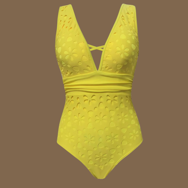 Yellow Color Laser Cutting Flower Hollow One Piece Swimsuit and Skirt