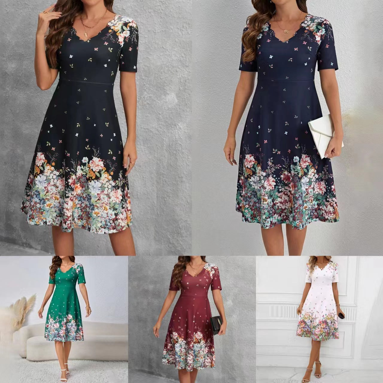 Vestido solto com decote em V ondulado