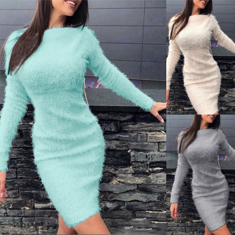 2024 novo vestido de pelúcia de manga comprida outono e inverno com cintura