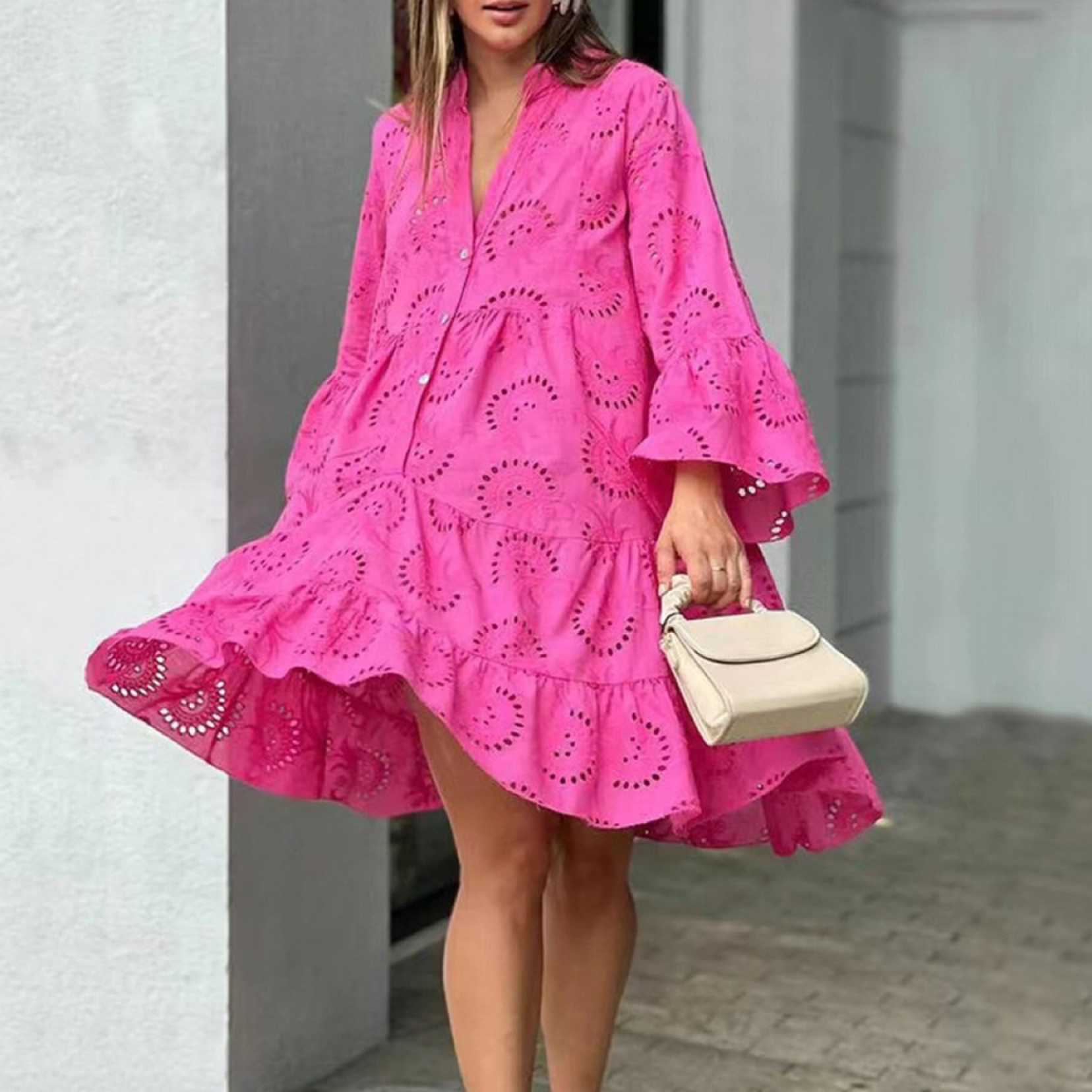 V Neck Flares Sleeve Embroidery Cotton Dress